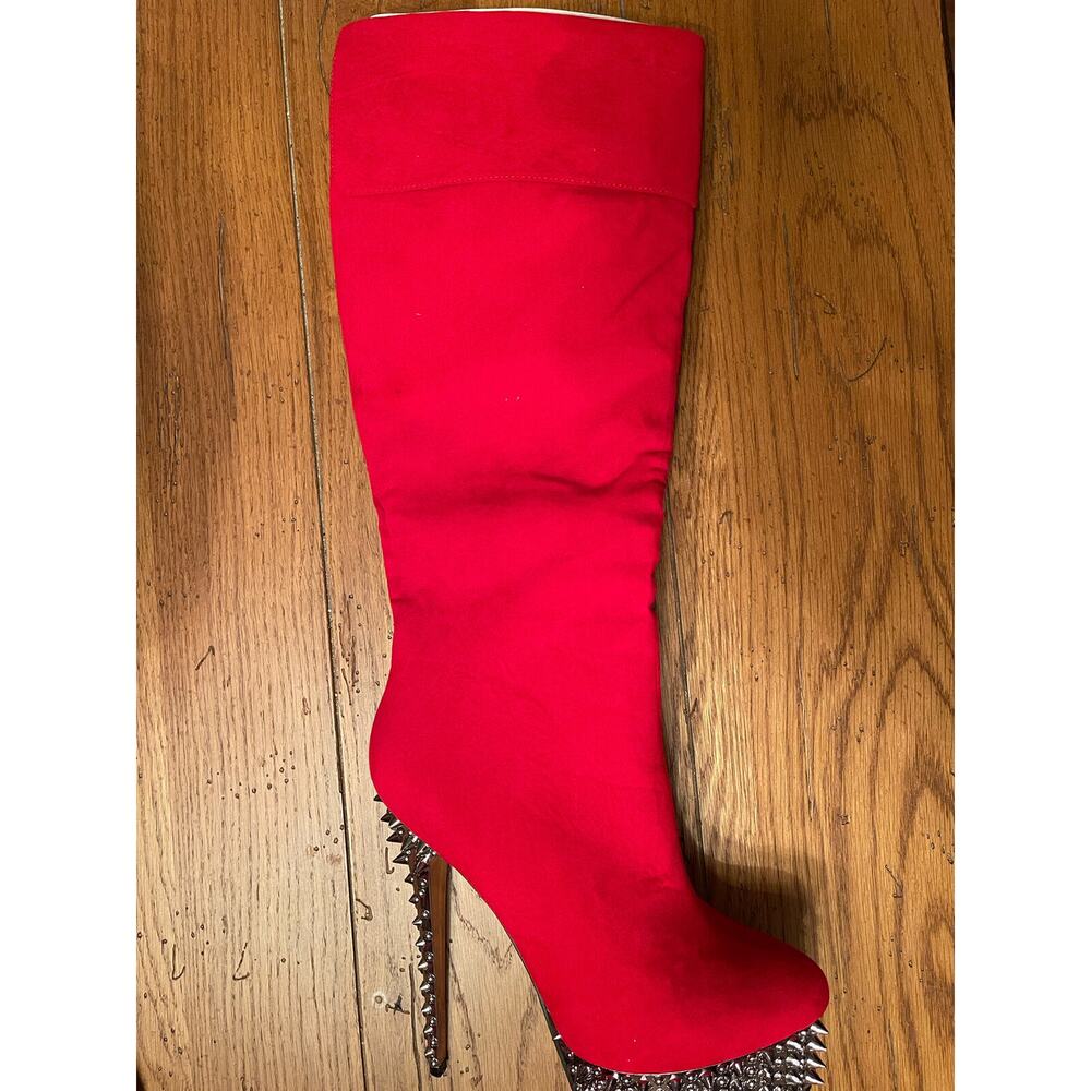 Kush Kouture Knee Hi Red 2" Spiked Platform 6" Stiletto High Heel Boots - 8.5 SZ